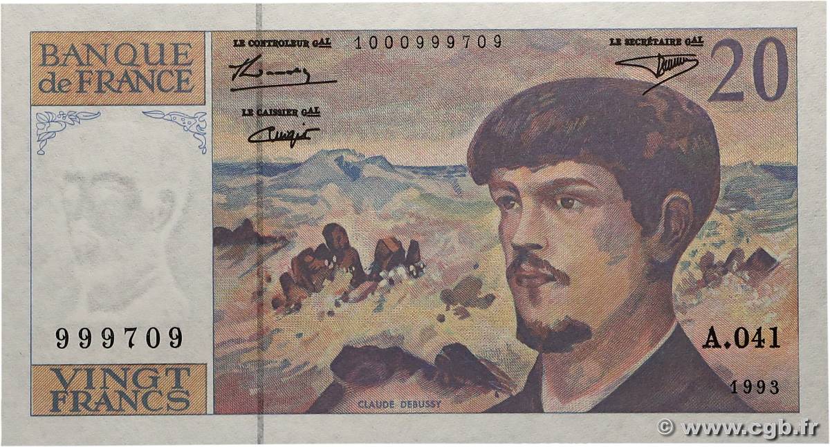 20 Francs DEBUSSY à fil de sécurité FRANCE  1993 F.66bis.05A41 pr.NEUF