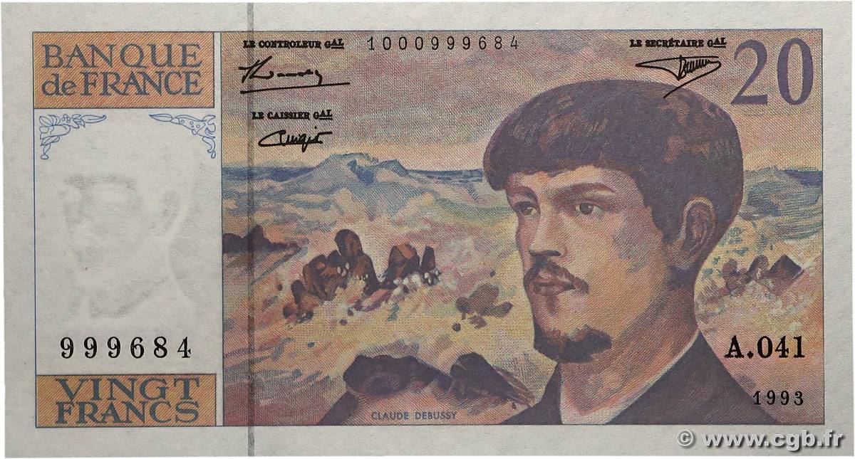 20 Francs DEBUSSY à fil de sécurité FRANCE  1993 F.66bis.05A41 NEUF