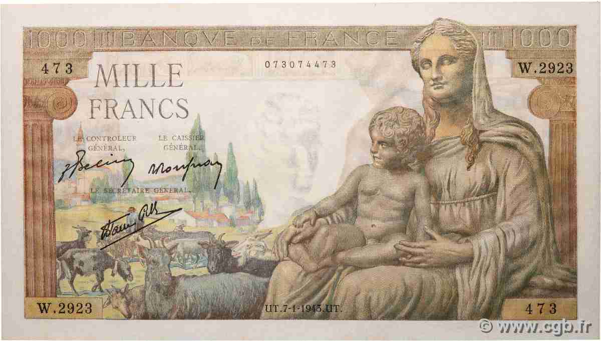 1000 Francs DÉESSE DÉMÉTER FRANCIA  1943 F.40.15 q.FDC
