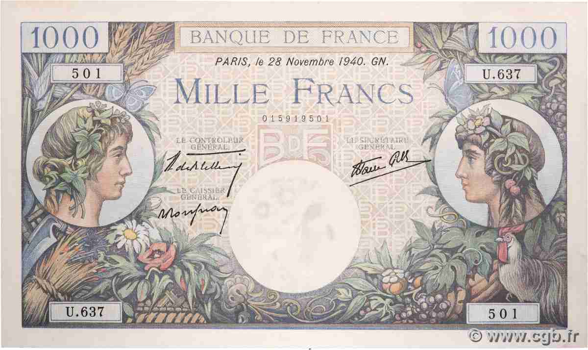 1000 Francs COMMERCE ET INDUSTRIE FRANCE  1940 F.39.02 VF+