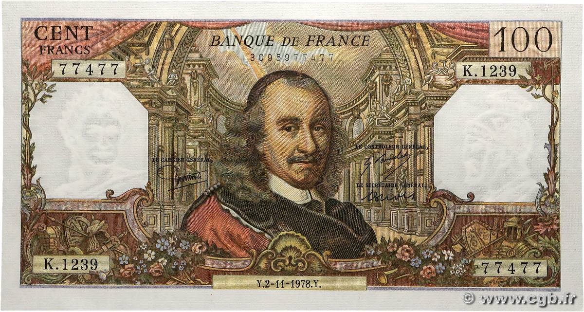 100 Francs CORNEILLE Numéro radar FRANCE  1978 F.65.64 pr.NEUF