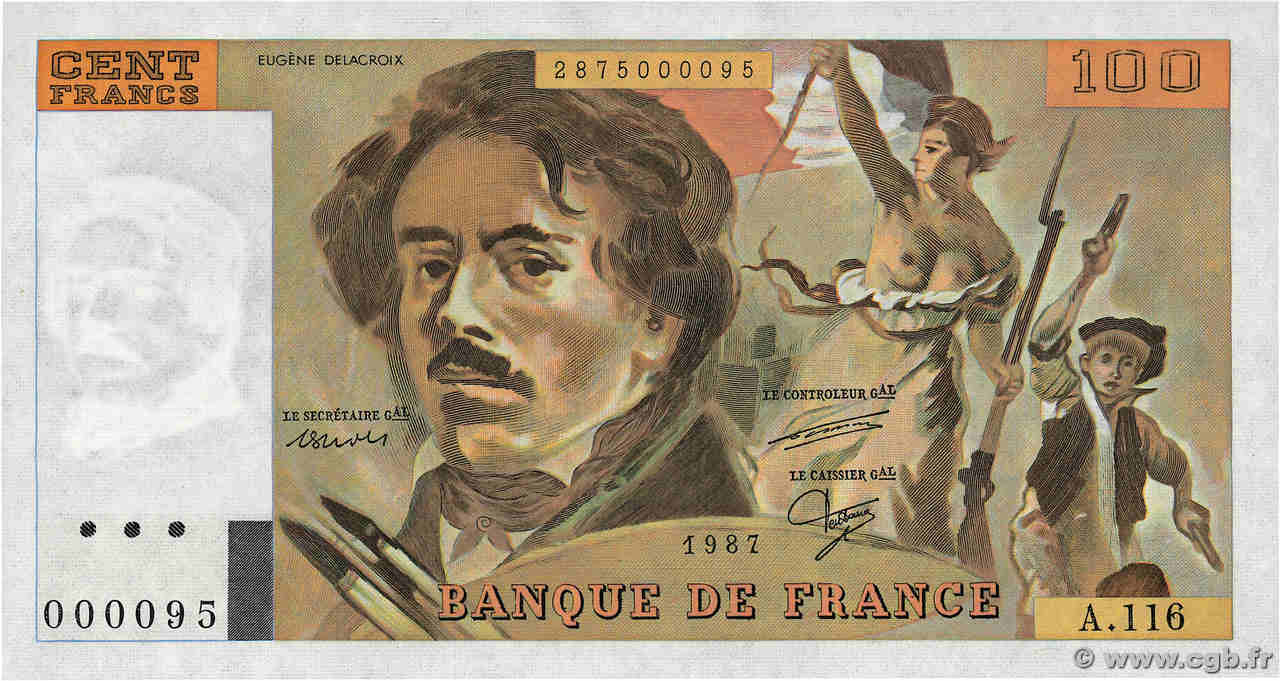 100 Francs DELACROIX modifié Petit numéro FRANCE  1987 F.69.11A116 NEUF
