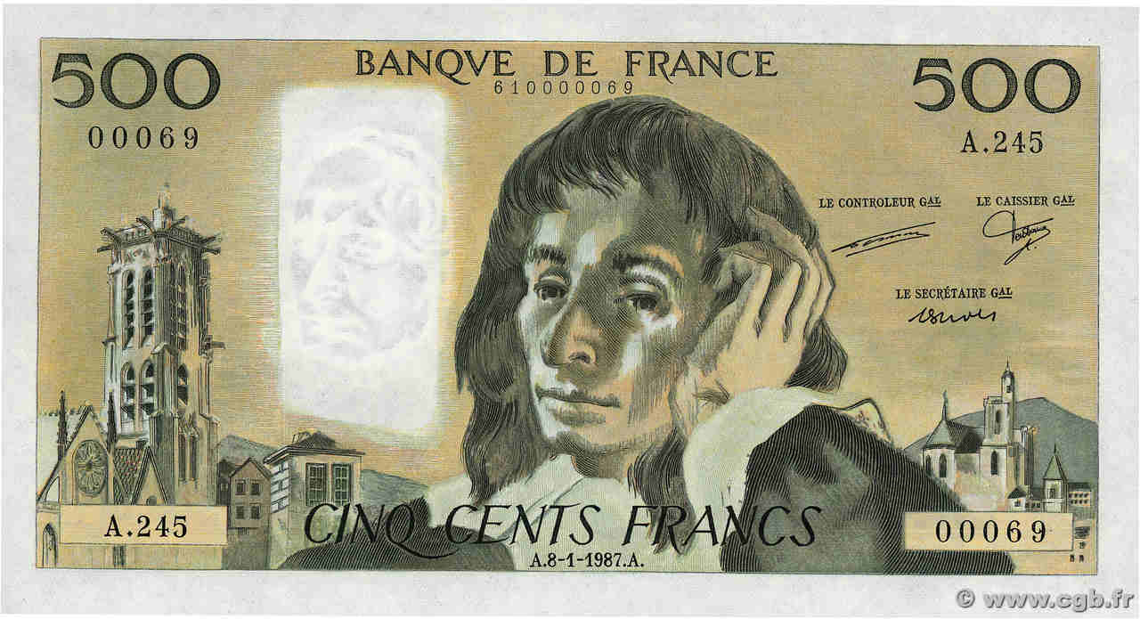 500 Francs PASCAL Petit numéro FRANCE  1987 F.71.35A245 pr.NEUF