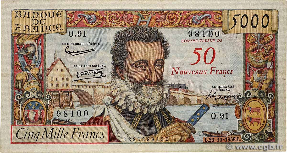50 NF sur 5000 Francs HENRI IV FRANCE  1958 F.54.01 VF