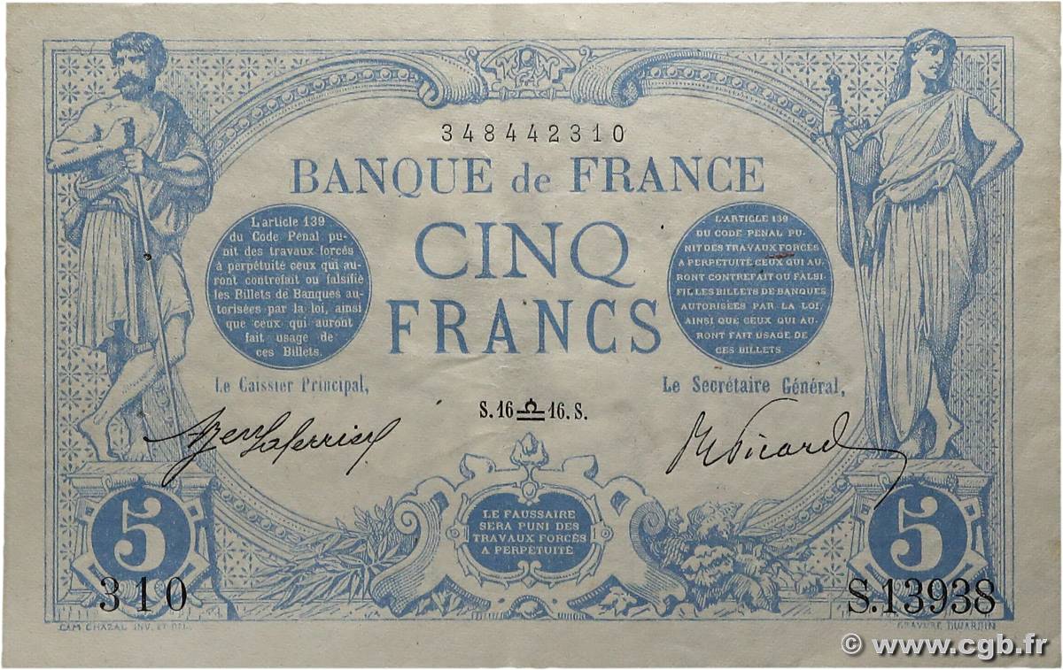5 Francs BLEU FRANCIA  1916 F.02.43 SPL