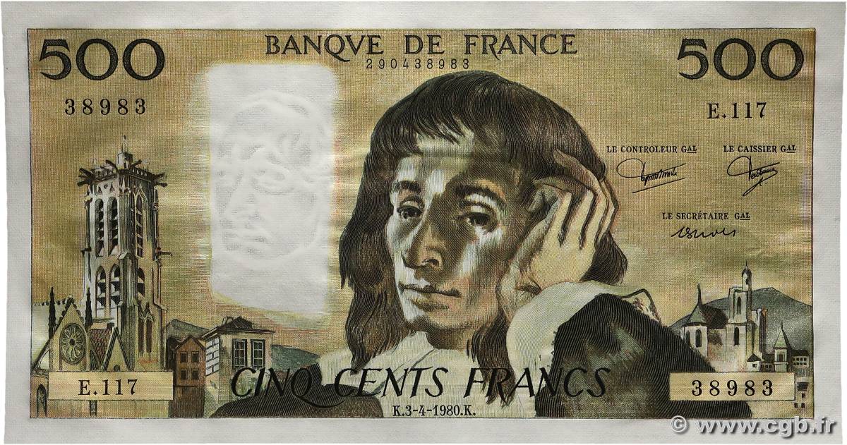 500 Francs PASCAL Numéro radar FRANCIA  1980 F.71.21 SC+