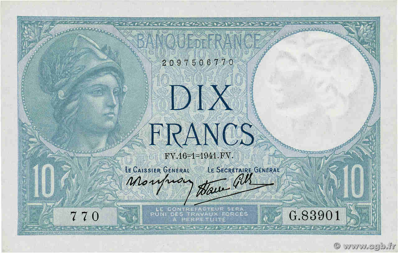10 Francs MINERVE modifié FRANCE  1941 F.07.28 UNC