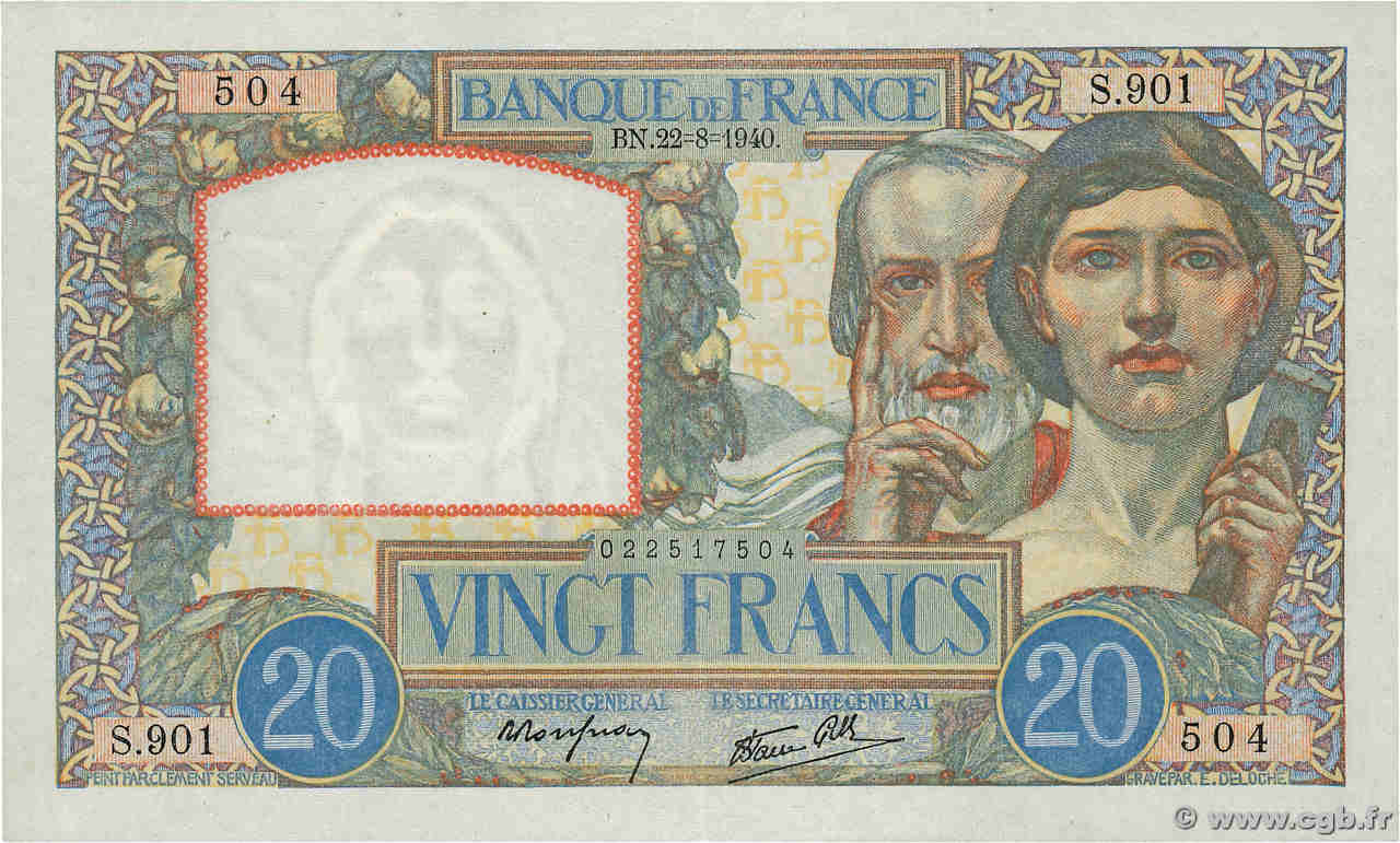 20 Francs TRAVAIL ET SCIENCE FRANCE  1940 F.12.06 SUP+