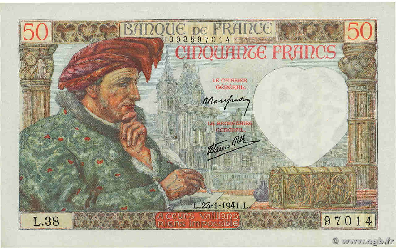 50 Francs JACQUES CŒUR FRANCE  1941 F.19.05 pr.NEUF