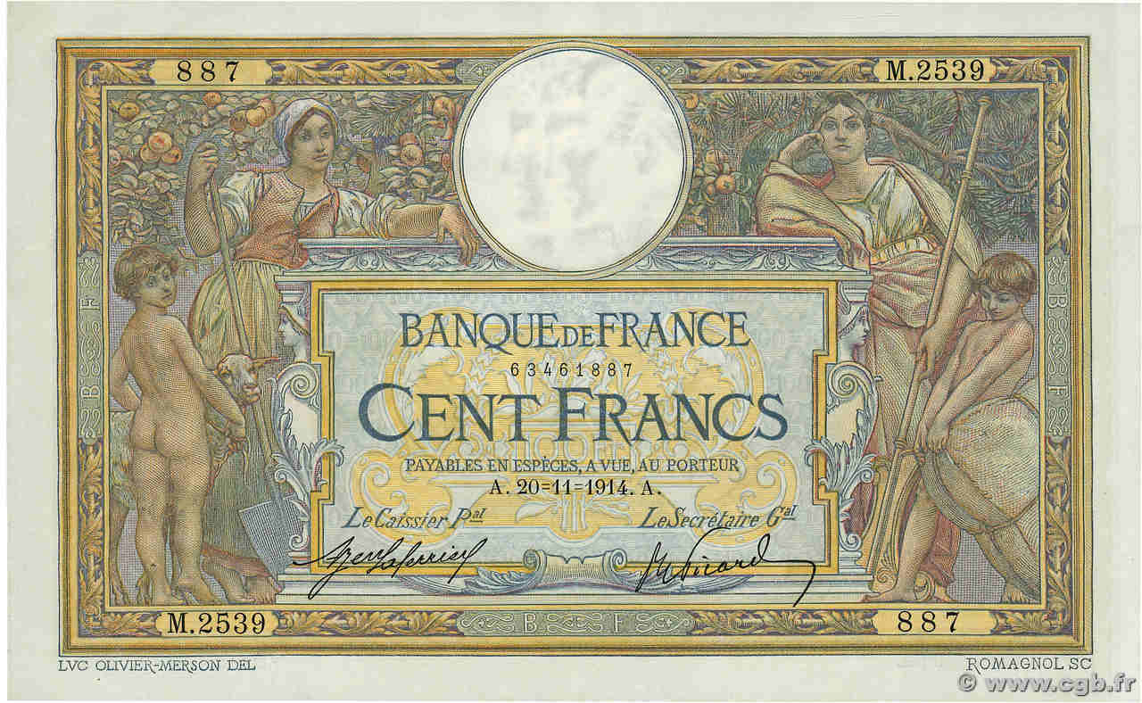 100 Francs LUC OLIVIER MERSON sans LOM FRANCE  1914 F.23.06 pr.SPL