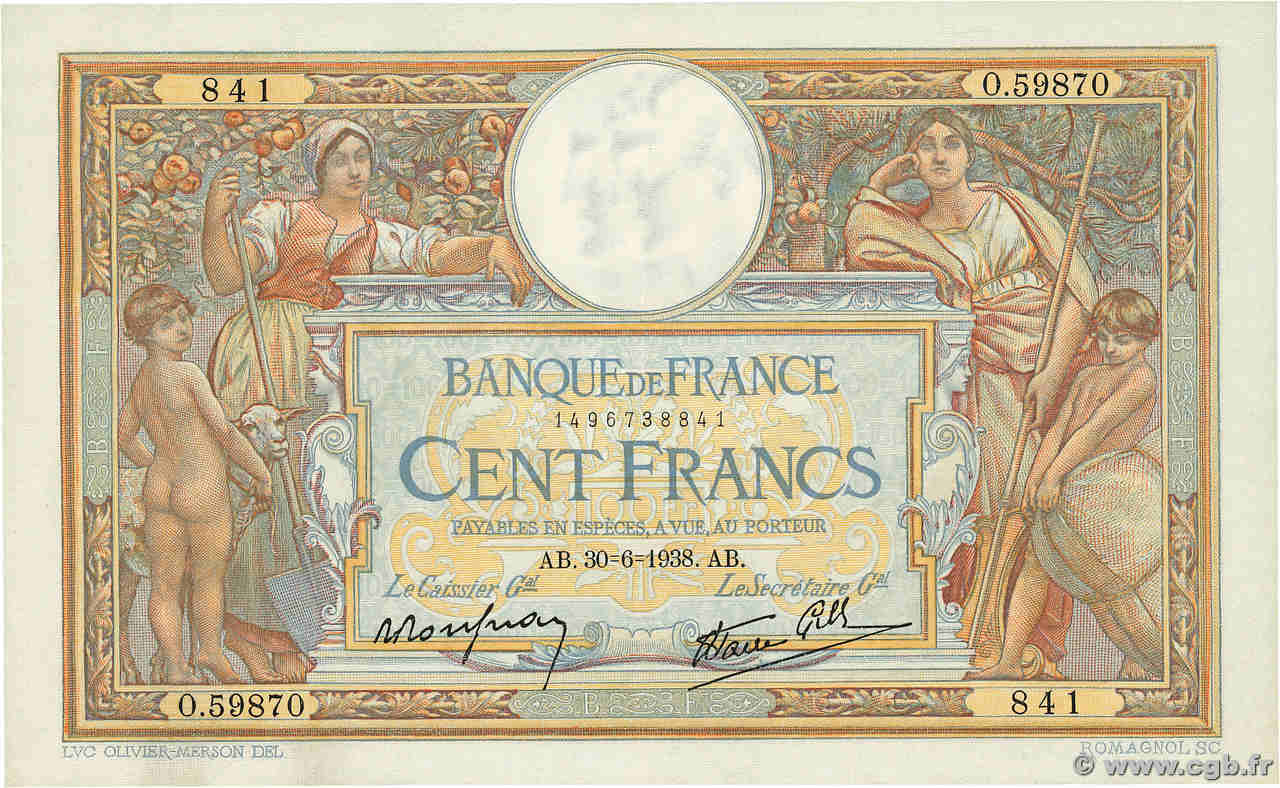 100 Francs LUC OLIVIER MERSON type modifié FRANCE  1938 F.25.24 XF+