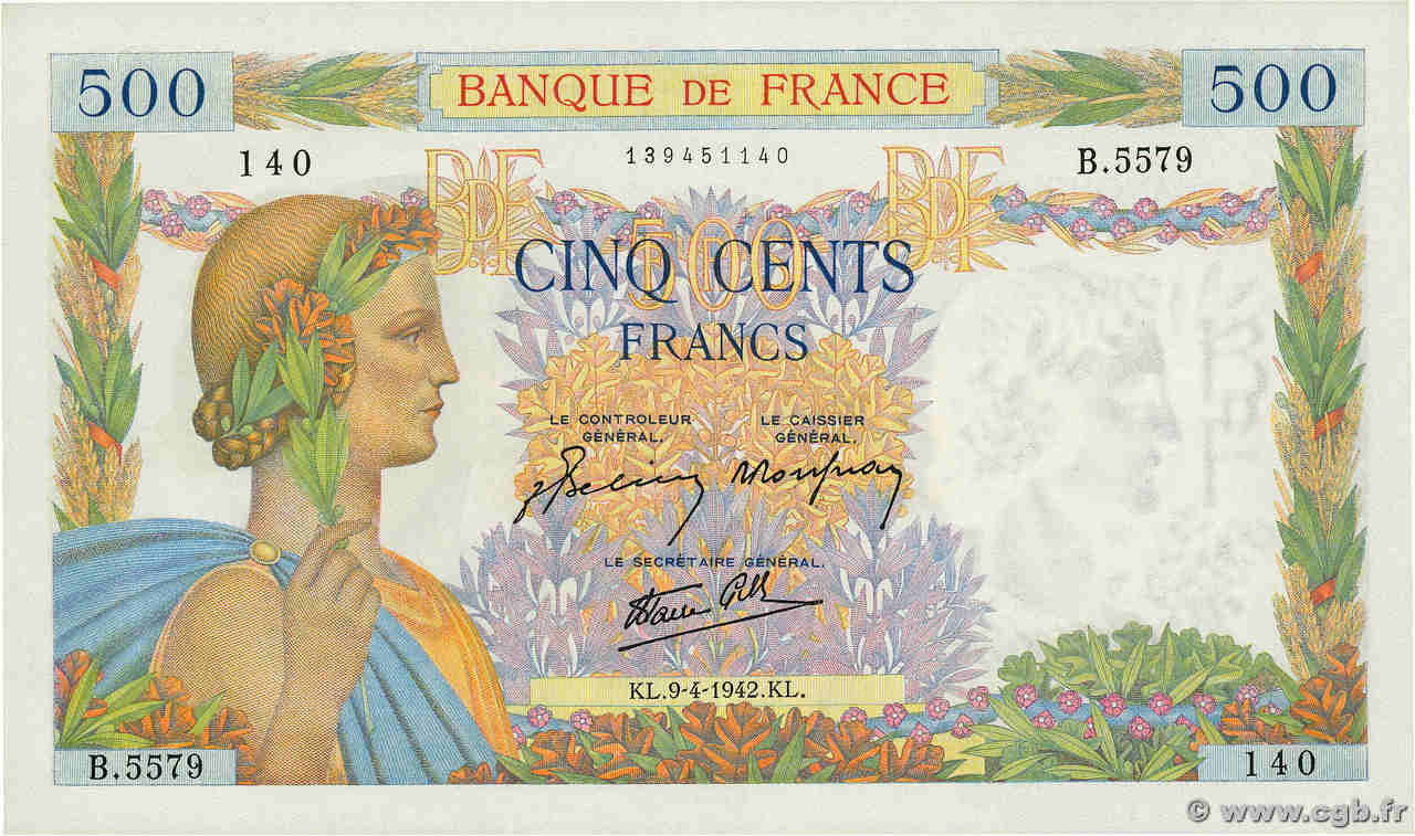 500 Francs LA PAIX FRANCE  1942 F.32.34 UNC