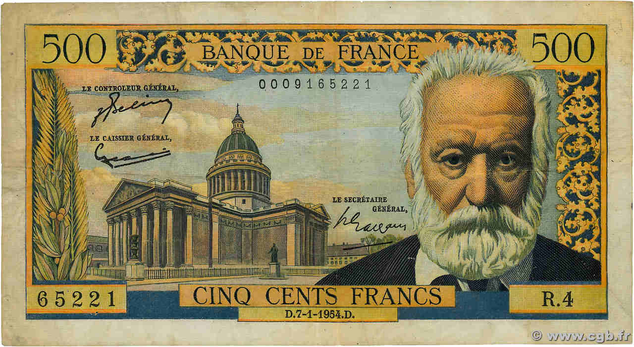 500 Francs VICTOR HUGO FRANCE  1954 F.35.01 TB+