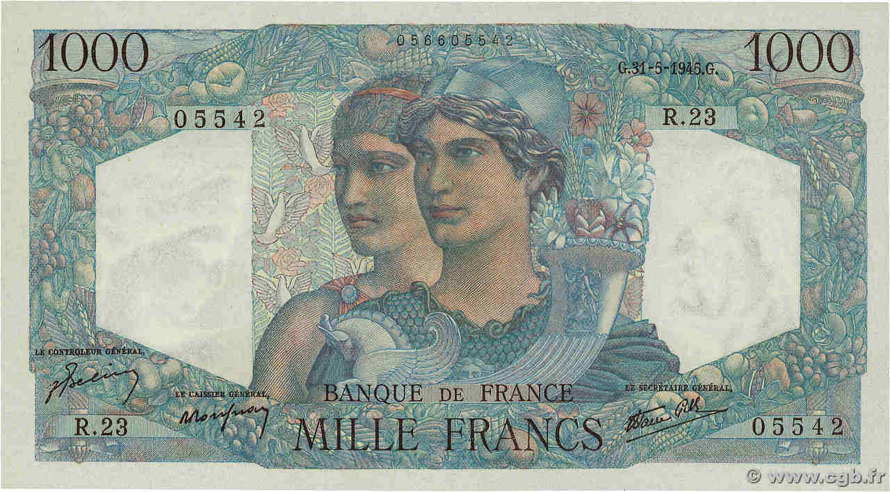 1000 Francs MINERVE ET HERCULE FRANCIA  1945 F.41.03 SC+