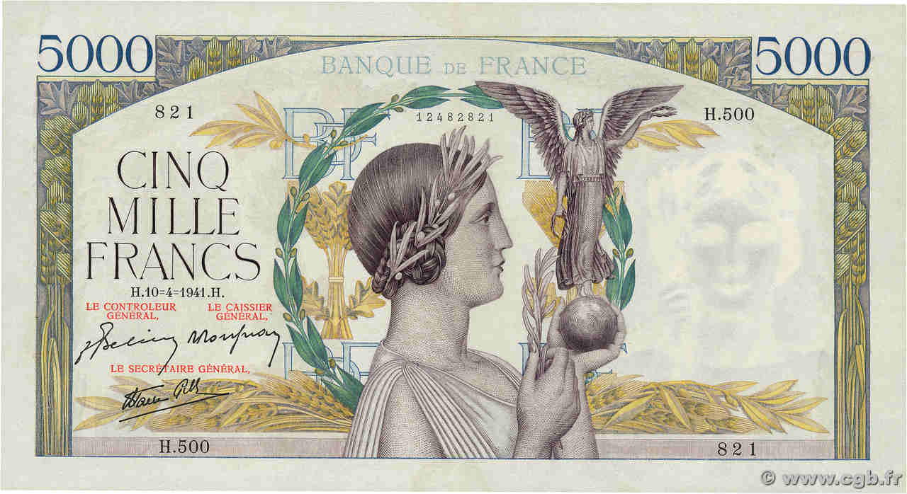 5000 Francs VICTOIRE Impression à plat FRANCE  1941 F.46.19 XF+