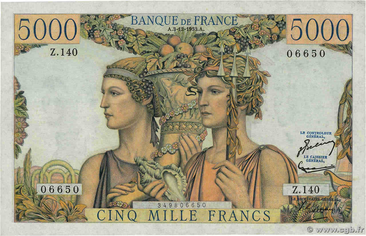 5000 Francs TERRE ET MER FRANCE  1953 F.48.10 pr.NEUF