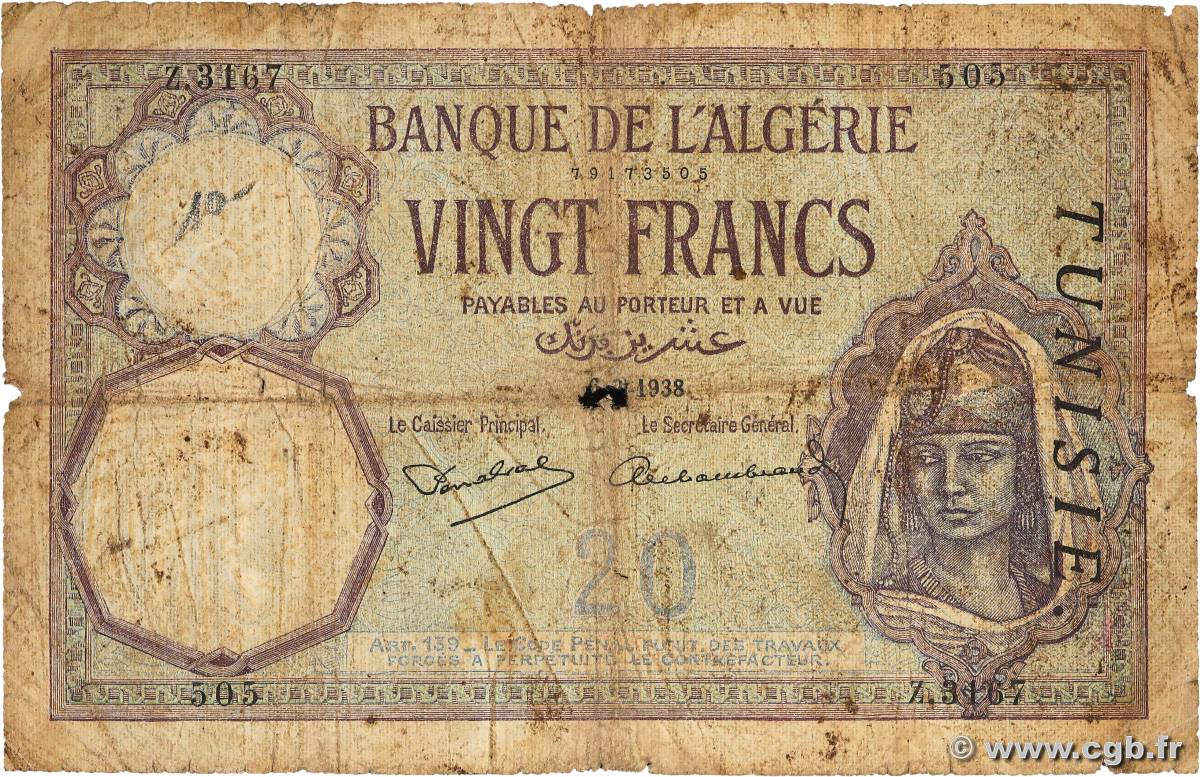 20 Francs TUNISIA  1938 P.06b G