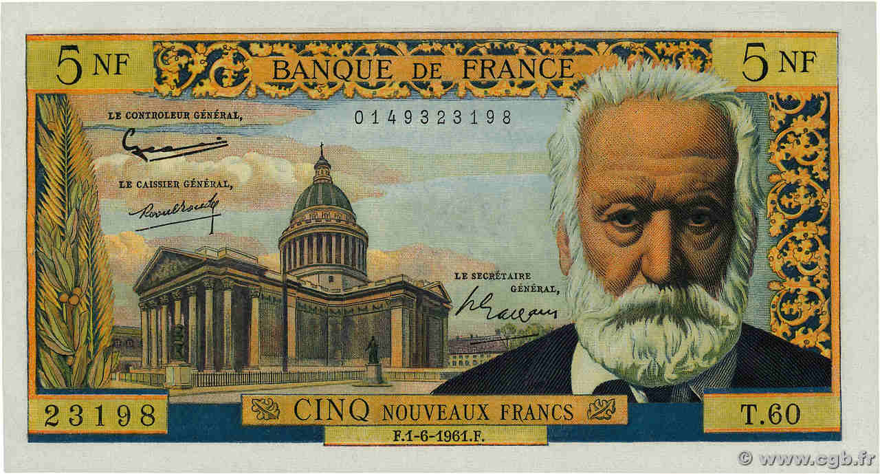 5 Nouveaux Francs VICTOR HUGO FRANCE  1961 F.56.08 AU