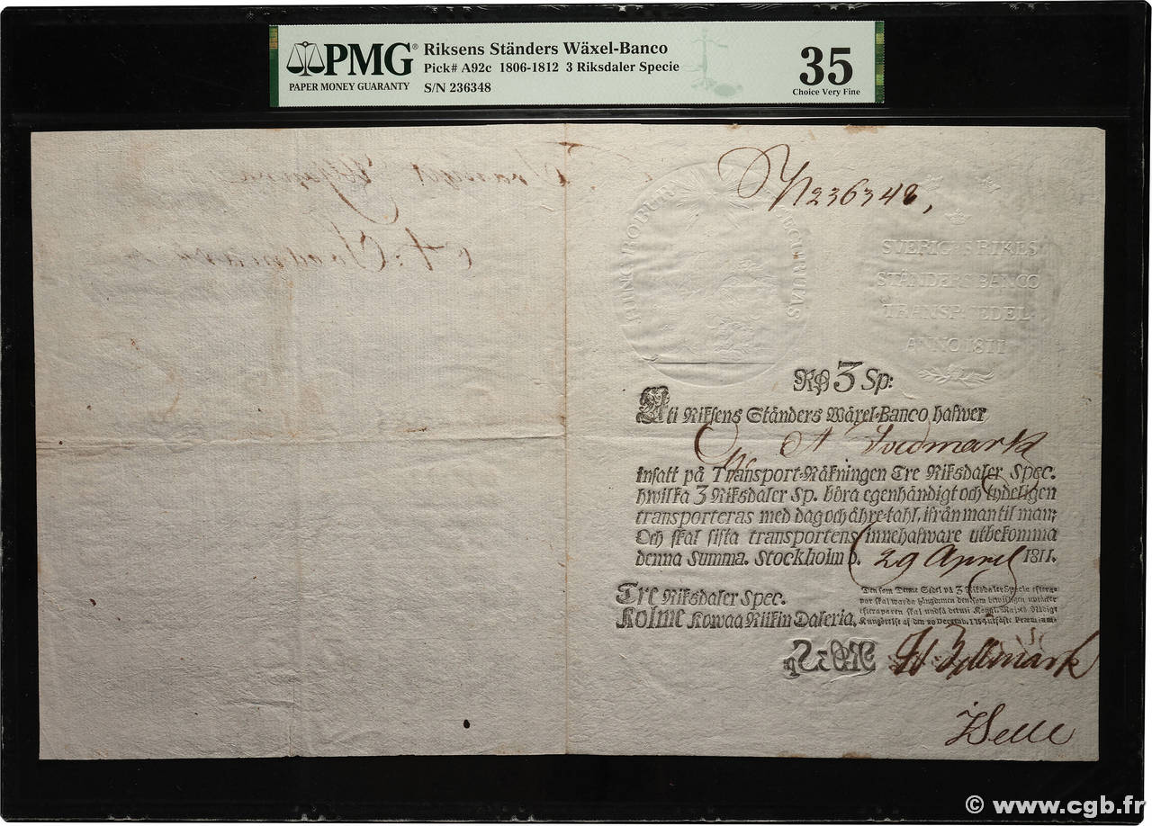 3 Riksdaler Specie SUÈDE  1811 P.A092c TTB+
