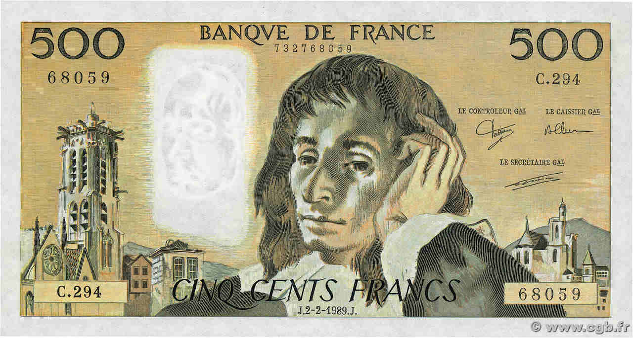 500 Francs PASCAL FRANCE  1989 F.71.40 UNC-