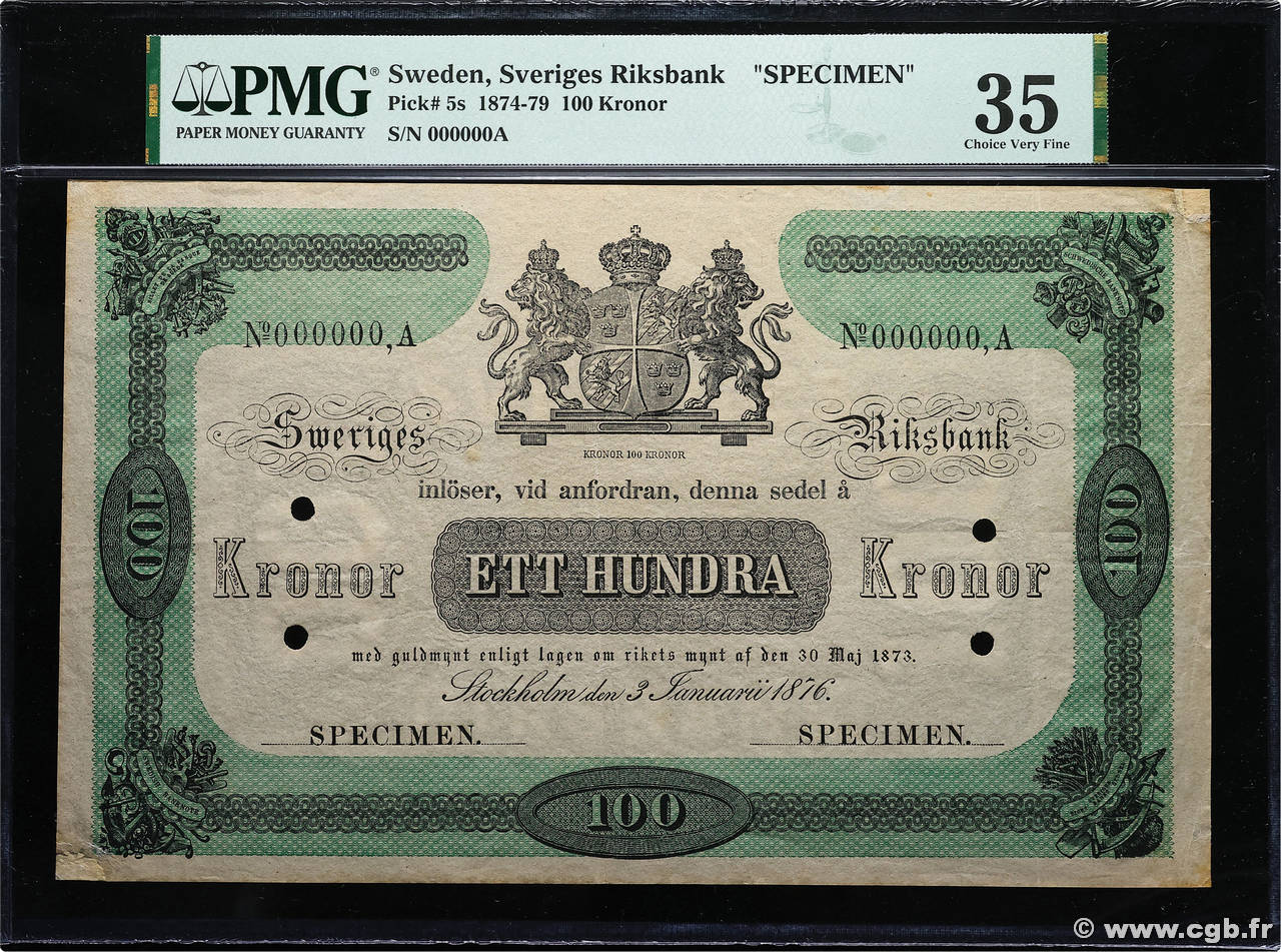 100 Kronor Spécimen SUÈDE  1876 P.05s TTB+