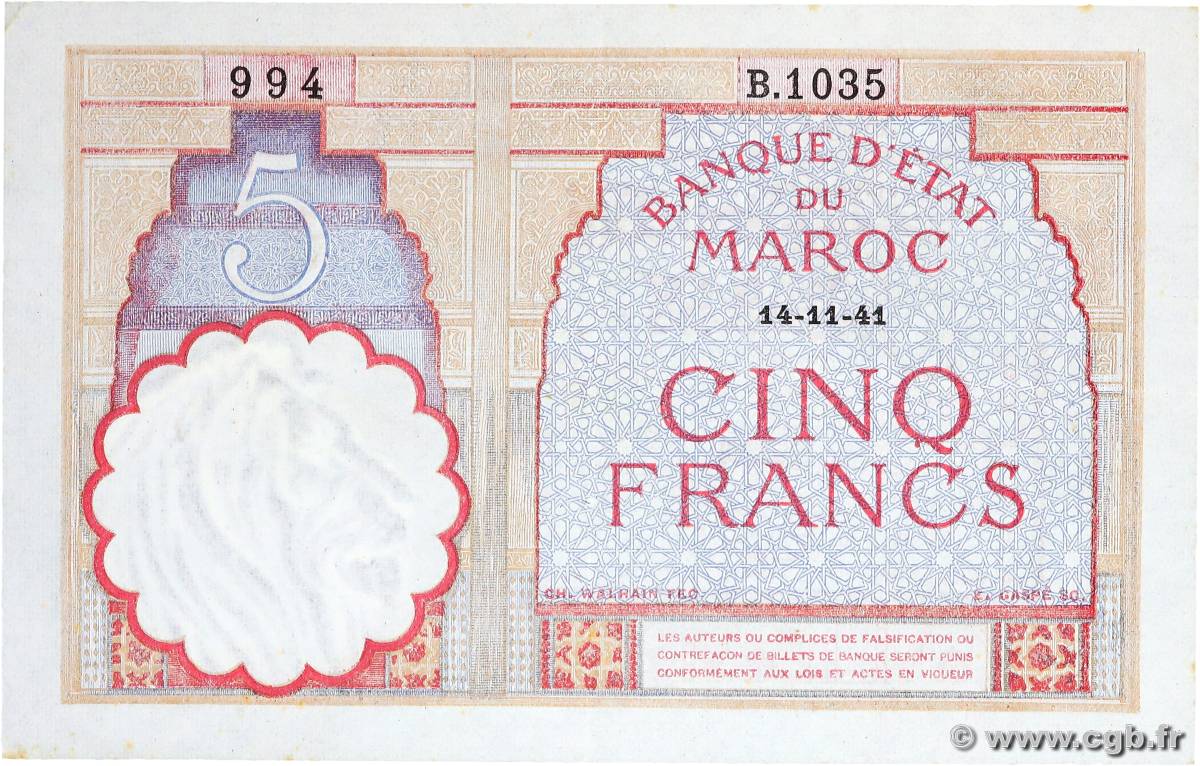 5 Francs MOROCCO  1941 P.23Ab VF+
