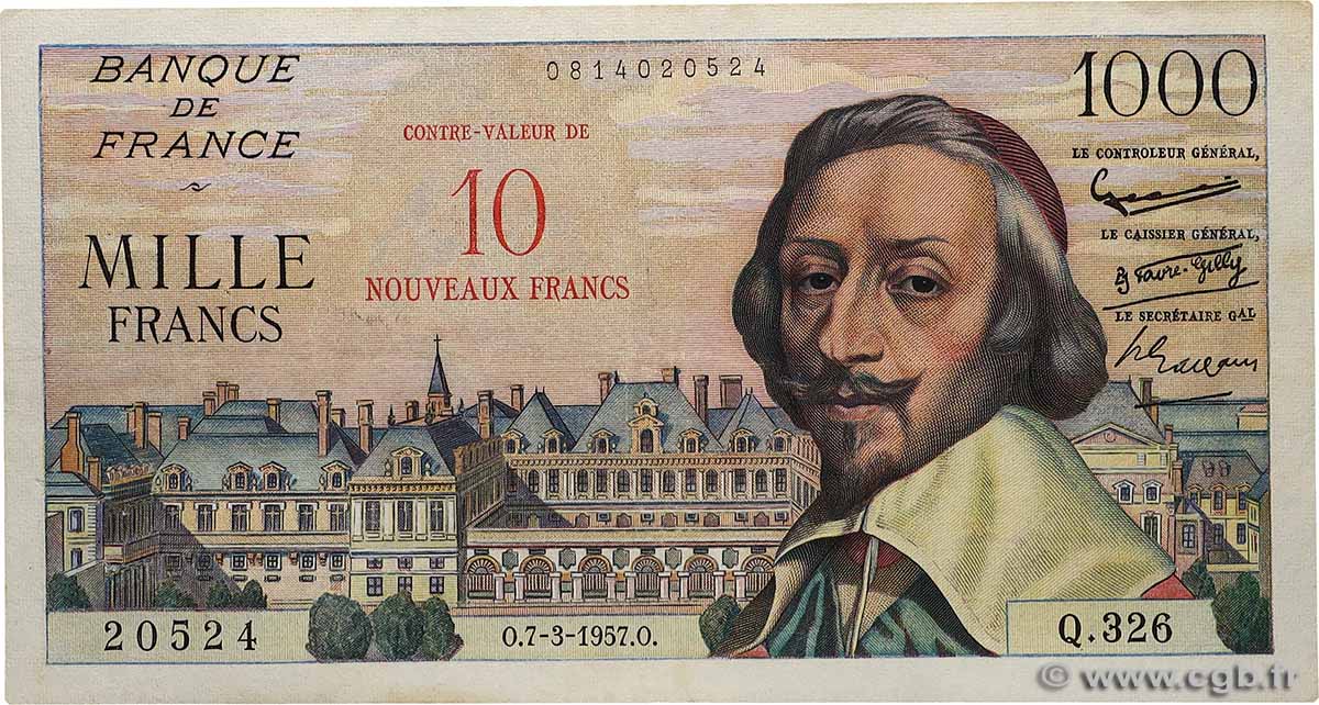 10 NF sur 1000 Francs RICHELIEU FRANCE  1957 F.53.01 VF