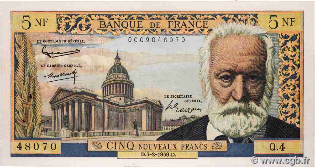 5 Nouveaux Francs VICTOR HUGO FRANCE  1959 F.56.01 VF+