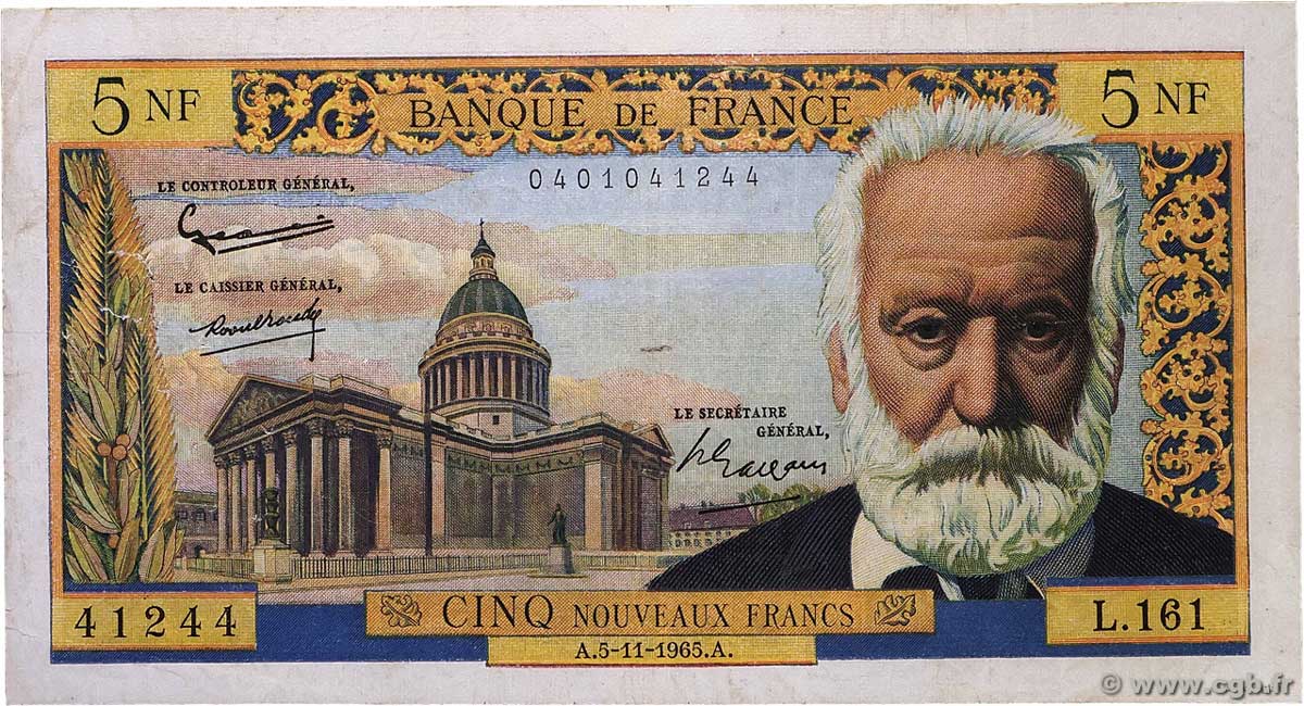 5 Nouveaux Francs VICTOR HUGO FRANCIA  1965 F.56.21 q.MB