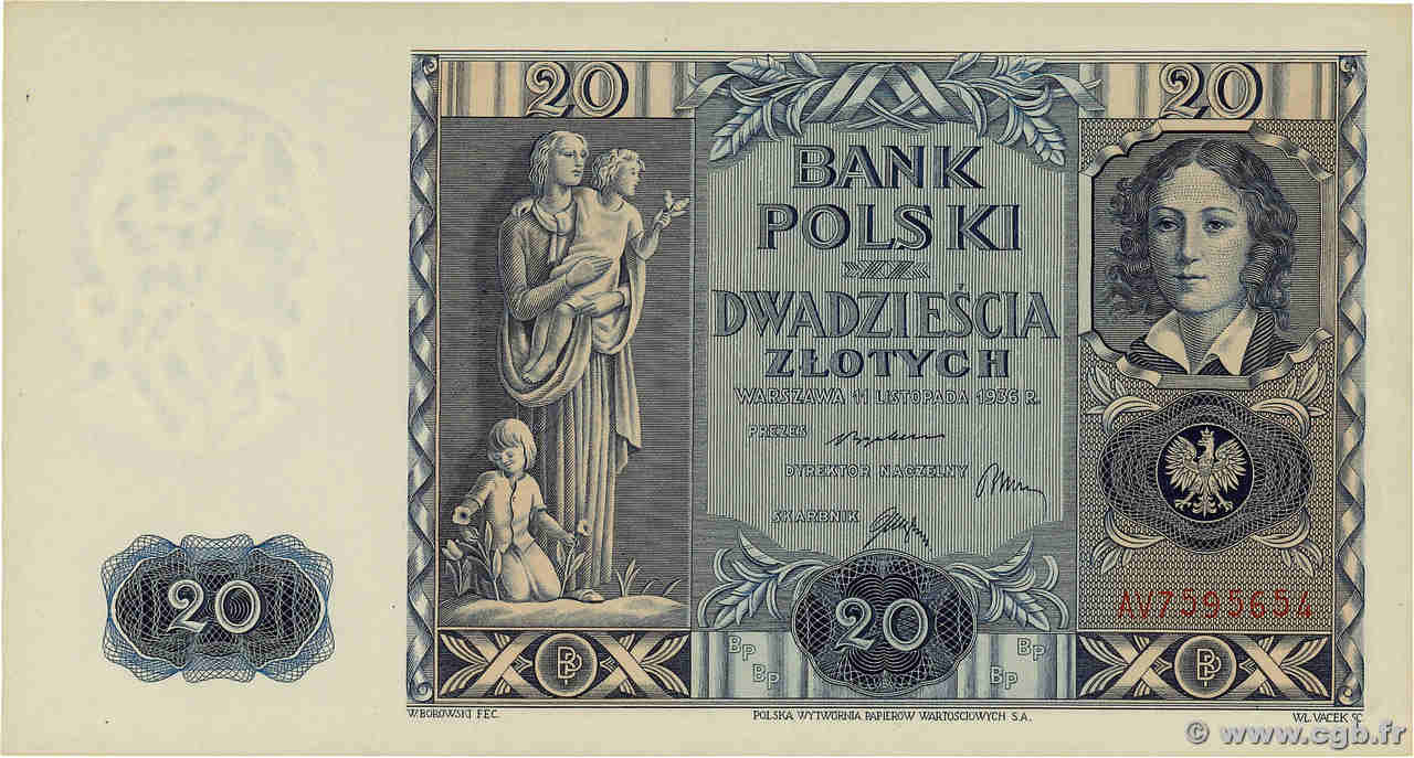 20 Zlotych POLOGNE  1936 P.077 pr.NEUF