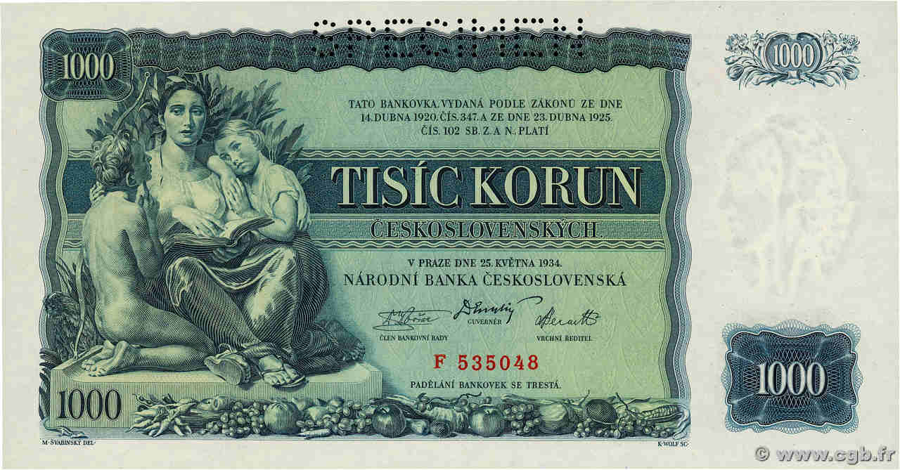 1000 Korun  Spécimen CZECHOSLOVAKIA  1934 P.026s UNC-
