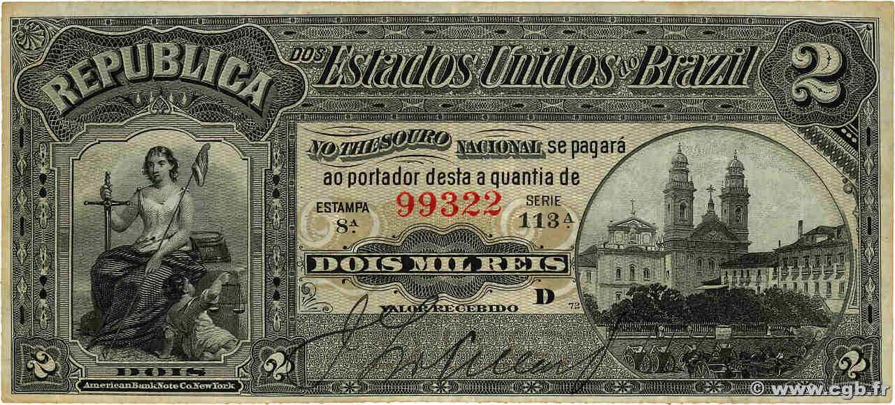 2 Mil Reis BRÉSIL  1890 P.010b TTB