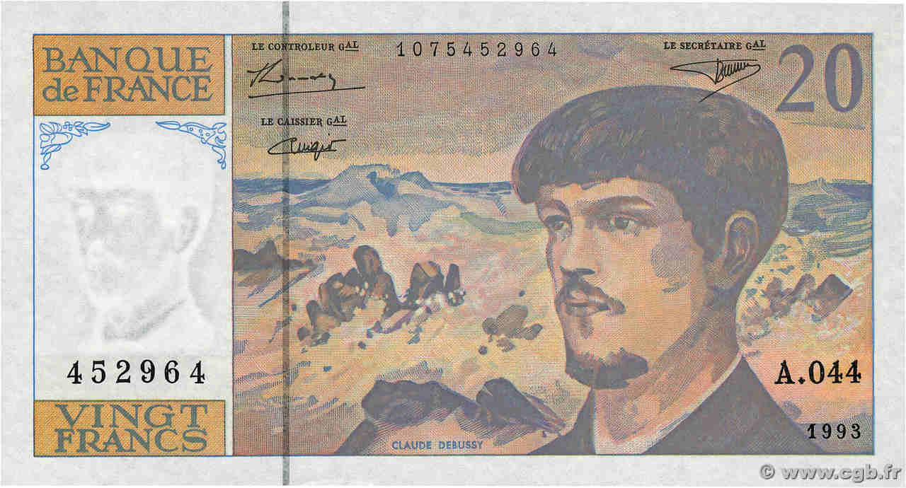 20 Francs DEBUSSY à fil de sécurité FRANCE  1993 F.66bis.05A44 UNC-