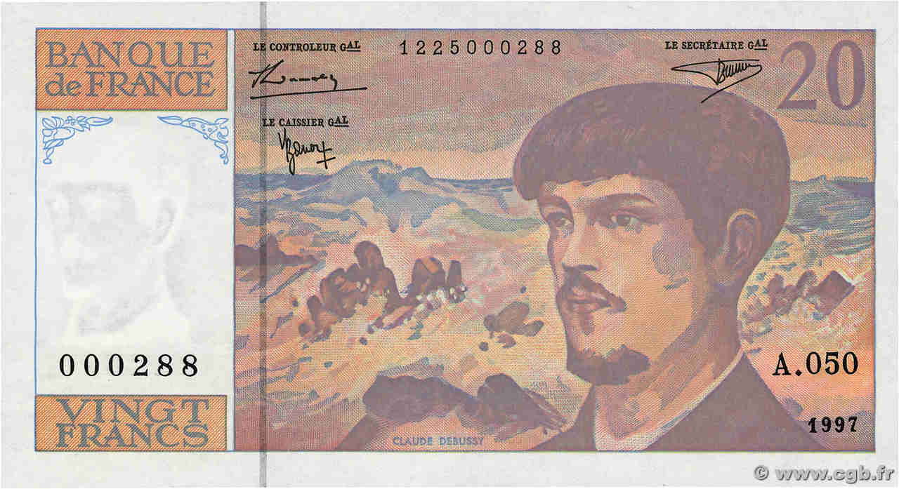 20 Francs DEBUSSY Modifié Petit numéro FRANCE  1997 F.66ter.02A50 UNC