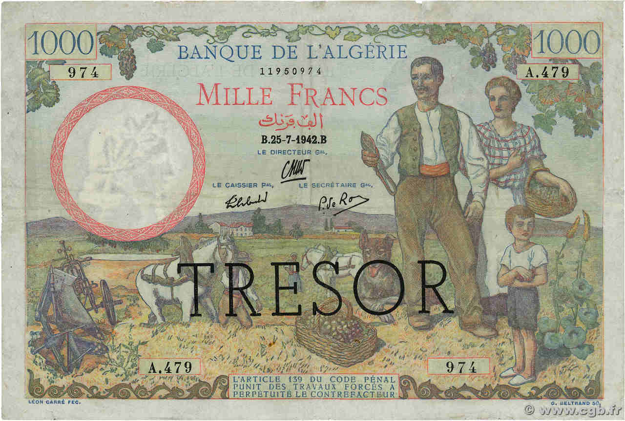 1000 Francs ALGÉRIE FRANCIA  1943 VF.10.01 BC