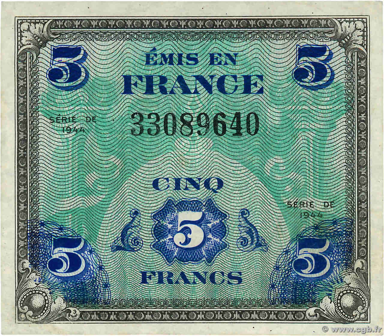 5 Francs DRAPEAU FRANKREICH  1944 VF.17.01 fST+