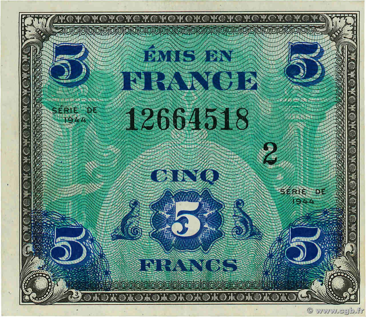 5 Francs DRAPEAU FRANCIA  1944 VF.17.02 AU