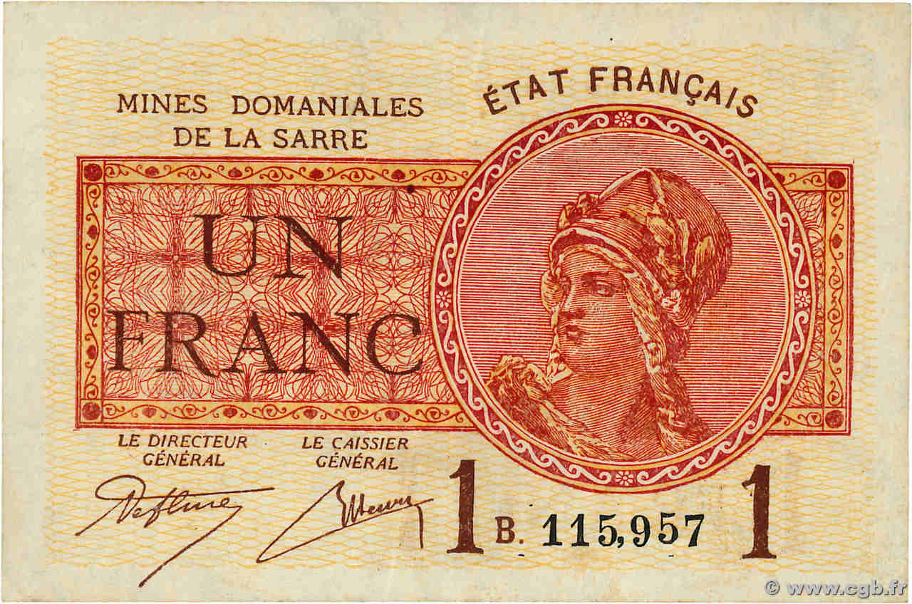 1 Franc MINES DOMANIALES DE LA SARRE FRANCE  1920 VF.51.02 VF+