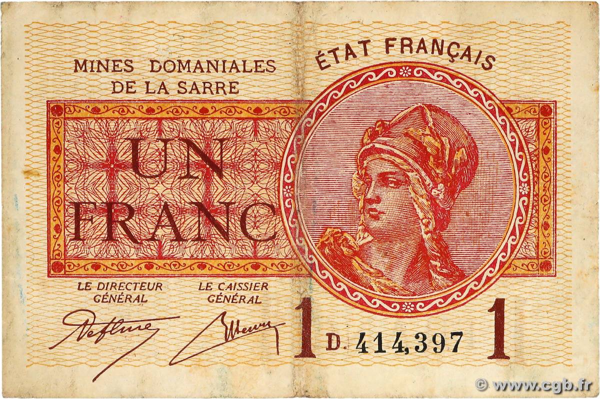 1 Franc MINES DOMANIALES DE LA SARRE FRANCE  1920 VF.51.04 TB