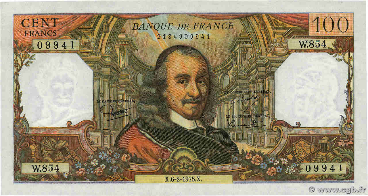 100 Francs CORNEILLE FRANCE  1975 F.65.48 UNC-