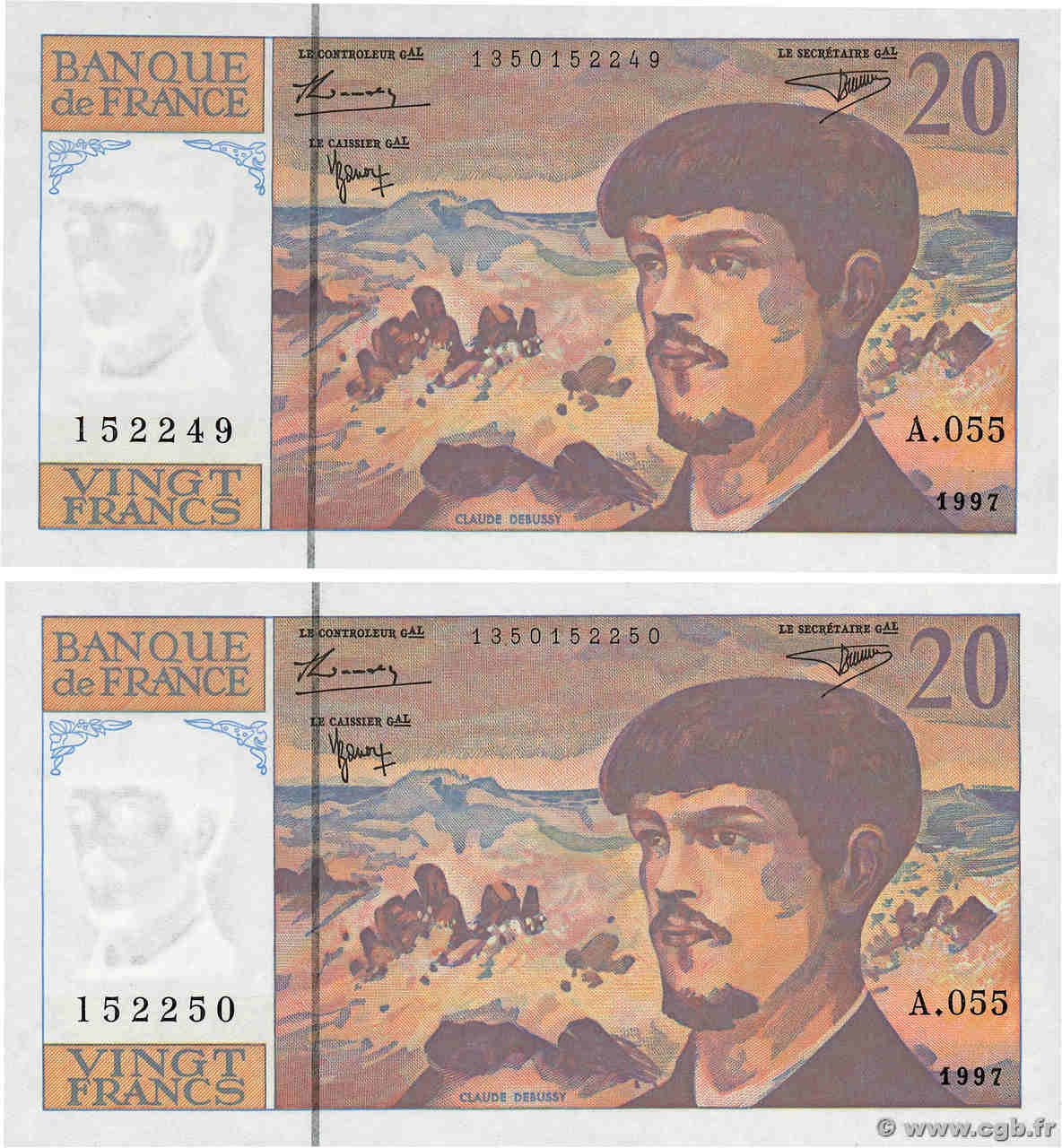 20 Francs DEBUSSY Modifié Consécutifs FRANCE  1997 F.66ter.02A55 pr.NEUF