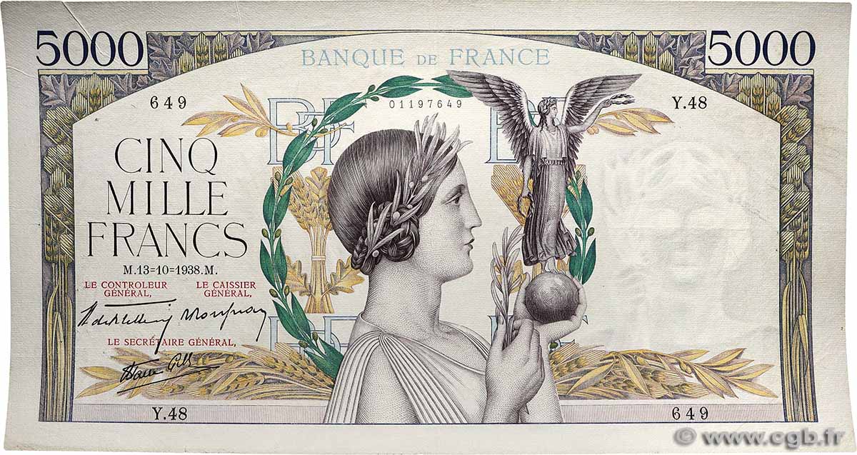 5000 Francs VICTOIRE modifié, taille douce FRANCE  1938 F.45.01 F+