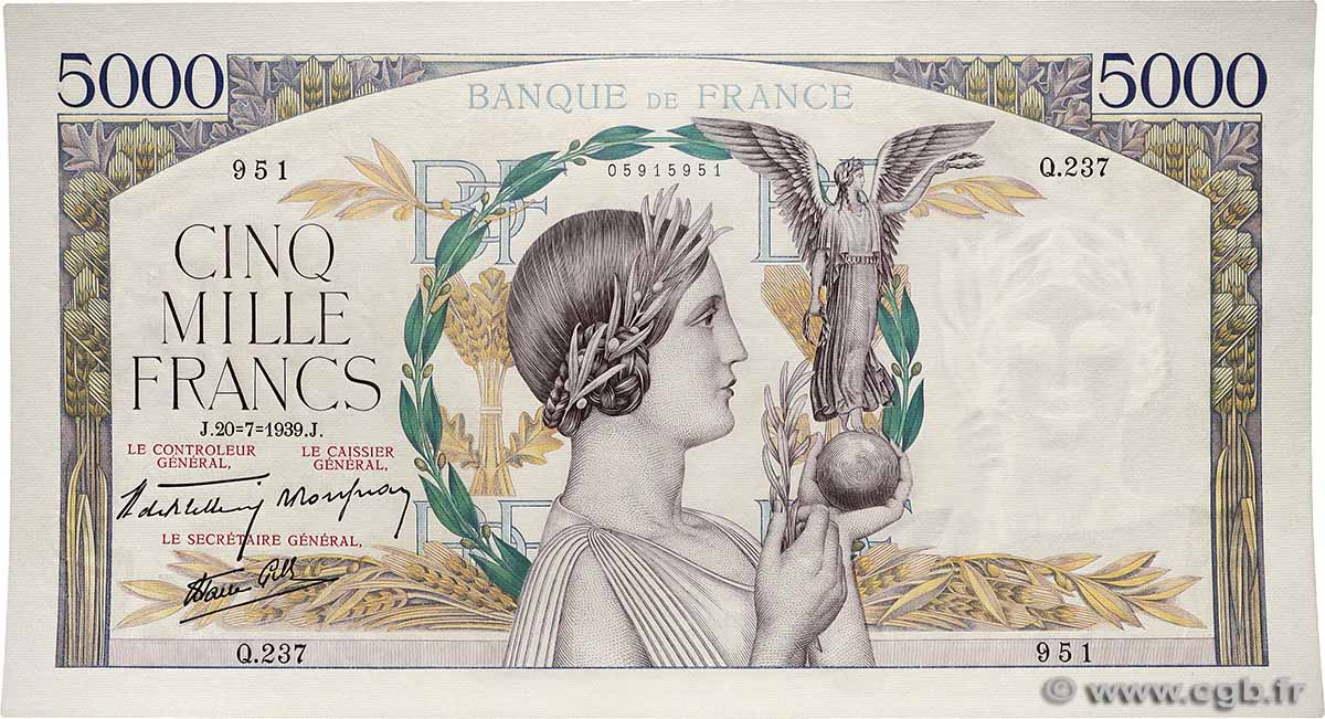 5000 Francs VICTOIRE Impression à plat FRANCE  1939 F.46.08 AU