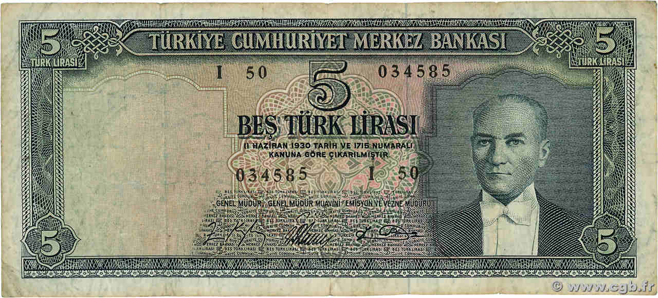 5 Lira TURKEY  1965 P.174 F-