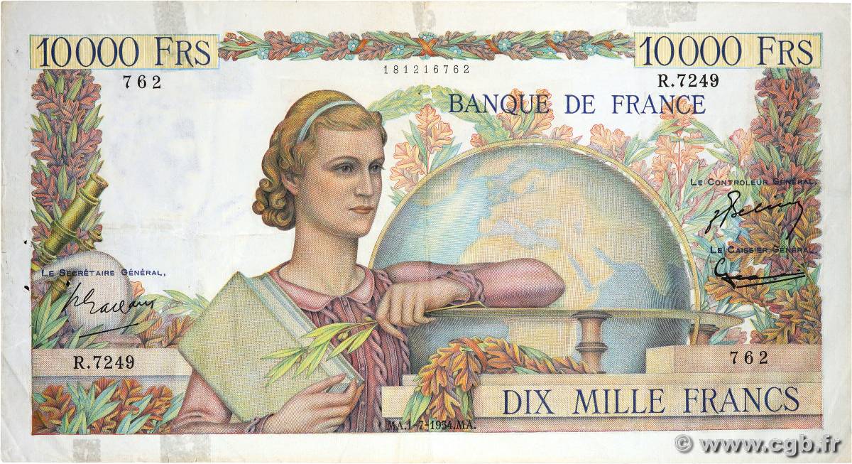 10000 Francs GÉNIE FRANÇAIS FRANCIA  1954 F.50.71 MBC