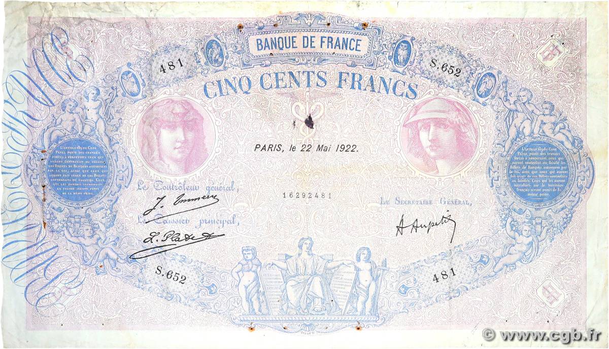 500 Francs BLEU ET ROSE FRANCE  1922 F.30.26 F+