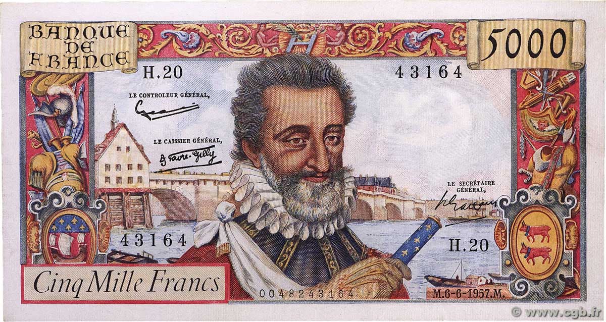 5000 Francs HENRI IV FRANCE  1957 F.49.02 XF