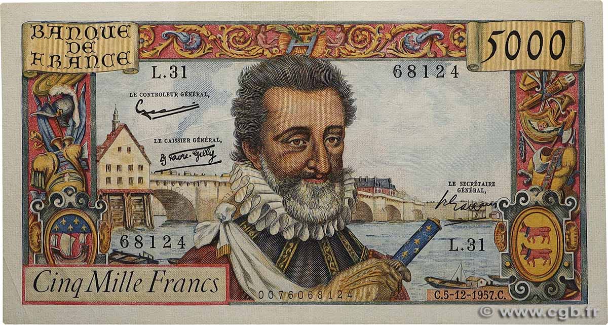 5000 Francs HENRI IV FRANCE  1957 F.49.04 VF+