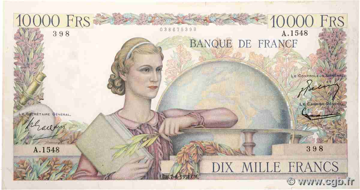 10000 Francs GÉNIE FRANÇAIS FRANCE  1951 F.50.51 TB