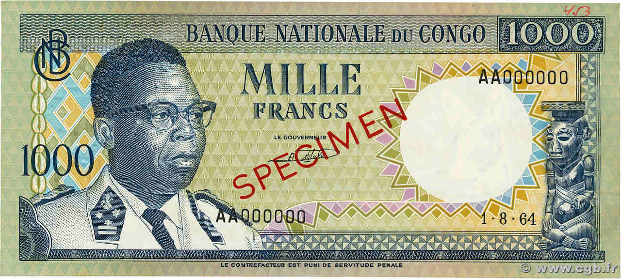 1000 Francs Spécimen CONGO, DEMOCRATIC REPUBLIC  1964 P.008s UNC-